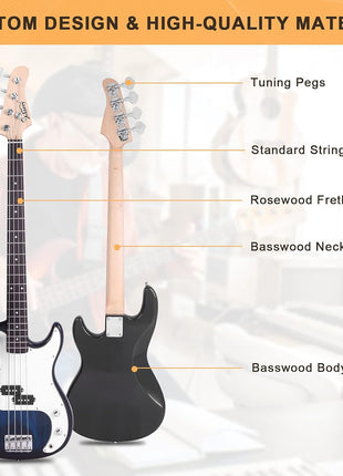 GLARRY Full Size Electric Bass Guitar with 20W AMP, 4 String Beginner Starter Kit with Accessories including Cable, Strap, Bag for Kids and Adults (Dark blue)