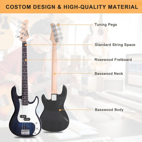 GLARRY Full Size Electric Bass Guitar with 20W AMP, 4 String Beginner Starter Kit with Accessories including Cable, Strap, Bag for Kids and Adults (Dark blue)
