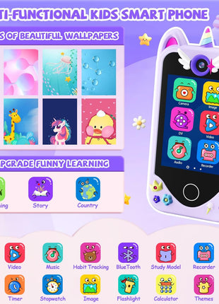Yosfeng Kids Smart Phone Toy for Girls Ages 3-8, Touchscreen Toy Phone with Dual Cameras, Learning Games, Music Player, 32GB Card Birthday Gift for Kids