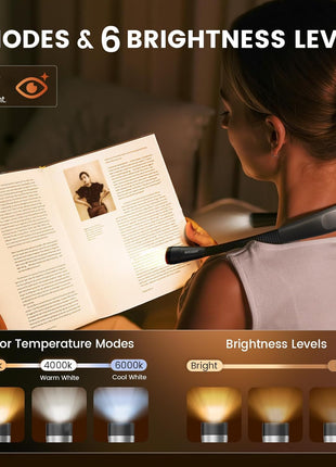 Glocusent Book Light, 3-Color & 6-Brightness Reading Light, Bendable Neck Light, 80-hr Lasting Rechargeable Book Light, Perfect Reading Lights for Books in Bed, Knitting, Repairing, Book Lovers Gifts