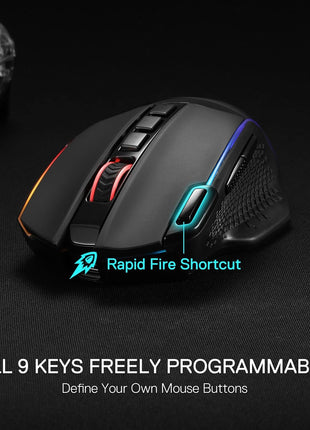 Redragon M991 Wireless Gaming Mouse, 26000 DPI 3-Mode Gamer Mice w/Rapid Fire Key, 9 Macro Buttons, Powerful Capacity and RGB Backlight for PC/Mac/Laptop, Black