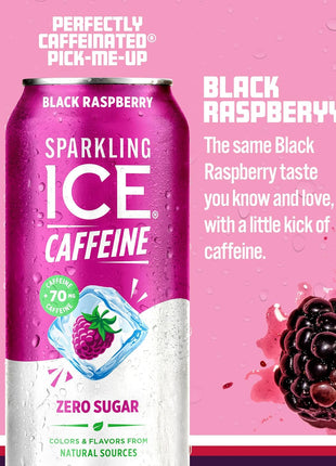 Sparkling Ice Caffeine Black Raspberry Sparkling Water with Caffeine, Zero Sugar, with Antioxidants and Vitamins,16 fl oz Cans (Pack Of 12)