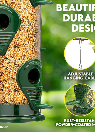 Bird Feeders for Outdoors (Green) Squirrel Proof Hanging Bird Feeder with Locking Lid & Adjustable Hanger, Chew-Proof, Weather Resistant 15 Inches 6 Port