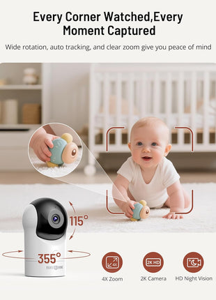 PARIS RHÔNE Video Baby Monitor, 2K UHD WiFi Camera, Night Vision, 5inch Smart Baby Monitor with App Control, Motion and Cry Detection, AI Tracking, Three-Way Audio, RGB Night Light, Lullabies
