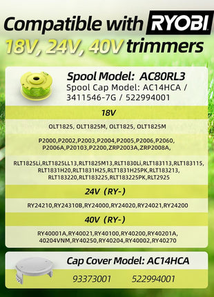 Trimmer String for Ryobi One Plus+ AC80RL3,11 FT/0.080-Inch,Spool Replacement Compatible with Ryobi 18v, 24v, and 40v Cordless Trimmers (9 Pack Trimmer Line & 2 Pack Trimmer Cap)