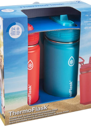 ThermoFlask Kids 16 oz Insulated Water Bottles with Straw Lid BPA-Free Stainless Steel Leakproof & Spill-Proof Design Easy Clean Wide Mouth 2-Pack for School, Sports, Playdates, Red/Blue