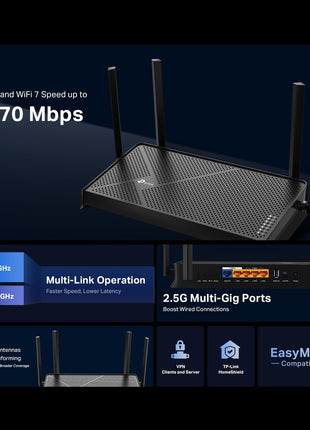 TP-Link Dual-Band BE3600 Wi-Fi 7 Router Archer BE230 | 4-Stream | 2×2.5G + 3×1G Ports, USB 3.0, 2.0 GHz Quad Core, 4 Antennas | VPN, EasyMesh, HomeShield, MLO, Private IOT | Free Expert Support