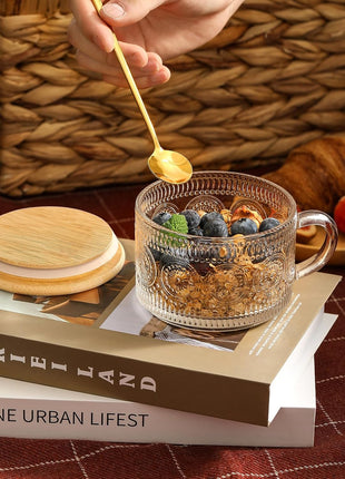 4pcs Set Vintage Coffee Mugs gifts for women, Overnight Oats Containers with Bamboo Lids and Spoons   14oz Clear Embossed Glass Cups, Cute Coffee Bar Accessories, Iced Coffee Glasses