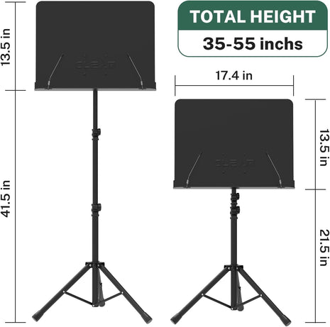 GLEAM Sheet Music Stand - Full Metal with Carrying Bag, Phone Holder, Sheet Music Folder and Clip, 5 in 1 Desktop Book Stand - Black