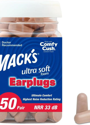 Mack's Ultra Soft Foam Earplugs, 50 Pair - 33dB Highest NRR | Made in USA