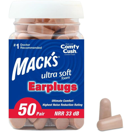 Mack's Ultra Soft Foam Earplugs, 50 Pair - 33dB Highest NRR | Made in USA