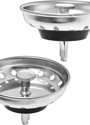 2 Pack - Kitchen Sink Strainer and Stopper Combo Basket Replacement for Standard 3-1/2 inch Drain, Stainless Steel Basket with Plastic Knob, Rubber Stopper Bottom - Hilltop Products