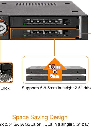 ICY DOCK Full Metal 2 Bay 2.5 inch SATA/SAS HDD & SSD Mobile Rack for External 3.5 inch Drive Bay | ToughArmor MB992SK-B