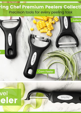 Spring Chef Premium Swivel Vegetable Peeler, Soft Grip Handle and Ultra Sharp Stainless Steel Blades   Perfect Kitchen Peeler For Veggie, Fruit, Potato, Carrot, Apple   Black