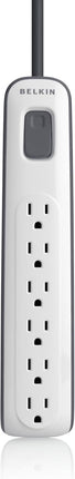 Belkin 6-Outlet Surge Protector Power Strip, 600J, 4ft Cord, Straight Plug | flame-retardant housing, compact straight plug, home office, desktop computer, TV, gaming setup