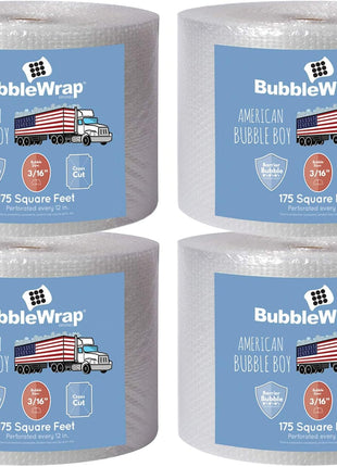 4 large rolls of Bubble Wrap total 700 feet, small bubbles 3/16 cushioning, 700 ft, heavy duty, perforated Every 12" Made in the USA by American Bubble Boy, bulk packaging wrap for moving and shipping