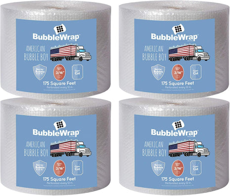 4 large rolls of Bubble Wrap total 700 feet, small bubbles 3/16 cushioning, 700 ft, heavy duty, perforated Every 12" Made in the USA by American Bubble Boy, bulk packaging wrap for moving and shipping