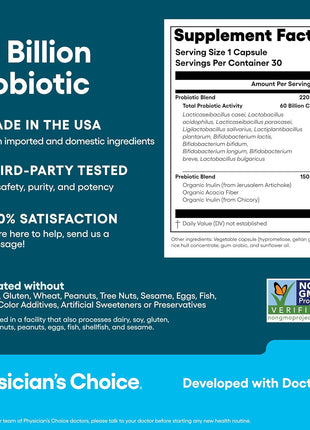 Physician's Choice Probiotics 60 Billion CFU   10 Strains + Organic Prebiotics   Immune, Digestive & Gut Health   Supports Occasional Constipation, Diarrhea, Gas & Bloating   for Women & Men   30ct