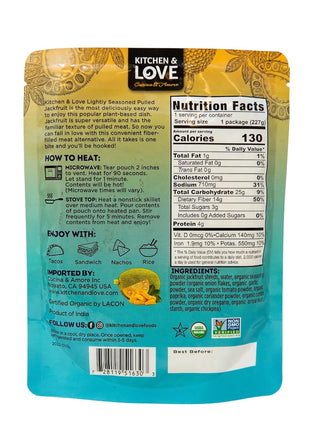 Kitchen and Love, Jackfruit Lightly Seasoned, Organic, Fully Cooked, Versatile Plant Based Meat Alternative, Gluten Free, 90 seconds, High in Fiber, Non GMO Verified, Kosher, Vegan, 8 Oz (Pack of 3)