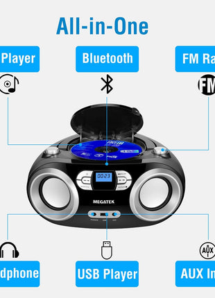 MEGATEK Portable CD Player Boombox with FM Radio, Bluetooth, USB Port, AUX Input, and Headphone Jack – CD-R/CD-RW/MP3-CD Compatible, Clear Stereo Sound, Backlit LCD Display – Black