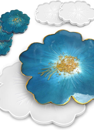 Panamalar Silicone Resin Molds, 1PCS Large Resin Tray Mold and 5PCS Coaster Molds for Resin Casting, Flower Shape Epoxy Resins Casting Molds for DIY, Home Decoration, Table Wine Tray-6 PCS