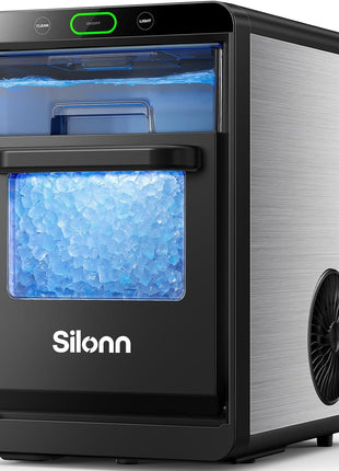 Silonn Nugget Ice Maker Countertop, Crushed Ice Maker & Pebble Ice Machine Produces 44lbs/24h with Front Pull-Out Water Tank & Removable Basket for Home/Kitchen, Stainless Steel