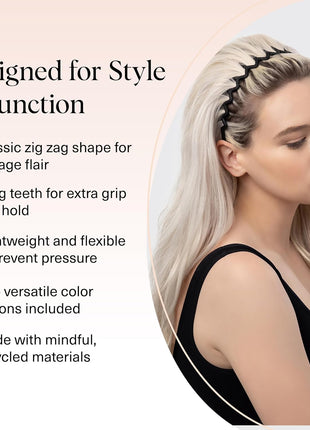 Kitsch Zig Zag Headbands for Women - Black and Tortoise, 2 pcs | Fashion Accessories for Slicked Back Styles | Comfortable Wavy Headbands | Comb Headband with Teeth