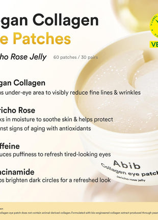 Abib Vegan Collagen Eye Patches for Wrinkles & Fine Line with Jericho Rose Jelly & Peptides, 60 Count, Korean Skin Care