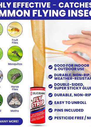 Fly Strips Indoor Sticky Hanging 24pk with Pins. Non Toxic Outdoor Fly Trap Indoor for Home. Flies Tape Paper Trap Ribbon Roll for House Gnat Fruit and Housefly. Bug Catchers for Inside Home Flypaper