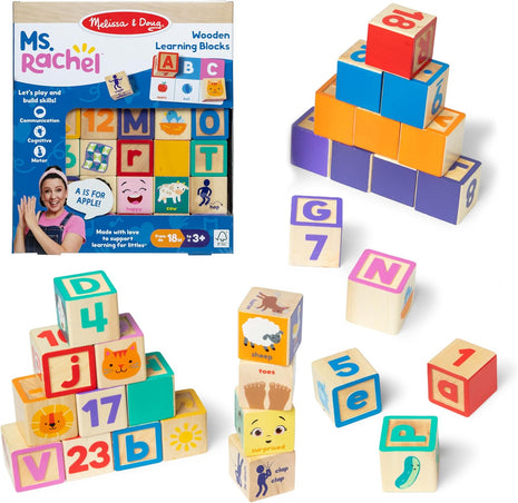 Melissa & Doug Ms. Rachel Letter, Number, and Game Wooden Learning Blocks with Activity Cards for Girls and Boys Toddlers Ages 18 Months+ - FSC Certified