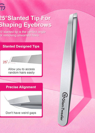Expert Slant Tip Tweezers with Leather Case, GlamTweeler Sharp & Precision Stainless Steel Tweezer for Eyebrows, Facial Hair and Fine Hairs Removal (Silver)