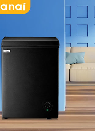 Chest Freezer WANAI 3.5 Cubic Small Deep Freezer with Top Open Door and Removable Storage Basket, 7 Gears Temperature Control, Ideal for Office Dorm or Apartment, Black