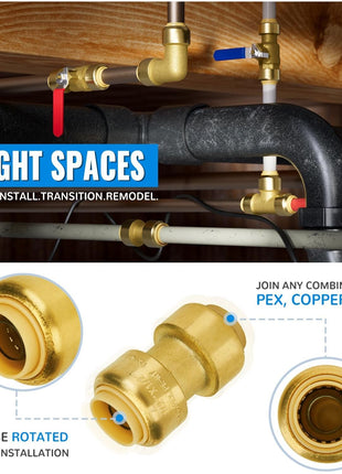 1/2 Inch Coupling, Push Pex Fittings 1/2 Inch, 1/2" Straight Coupling, Brass Push-to-Connect Fittings for Pex Pipe, Copper, CPVC, with 1 Disconnect Clip, Pack of 12