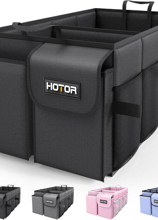 HOTOR Trunk Organizer - Car Organizer, Foldable Trunk organizer for SUVs & Sedans, Sturdy Car Organization for Car Accessories, Tools, Sundries, Black, 2 Compartments, 21.3 inch×12.6 inch×10.6 inch