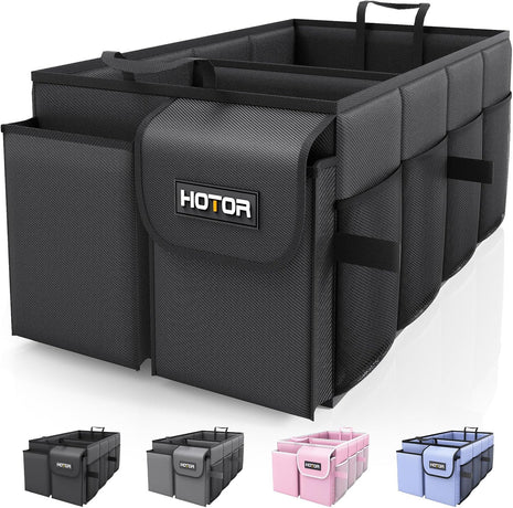 HOTOR Trunk Organizer - Car Organizer, Foldable Trunk organizer for SUVs & Sedans, Sturdy Car Organization for Car Accessories, Tools, Sundries, Black, 2 Compartments, 21.3 inch×12.6 inch×10.6 inch