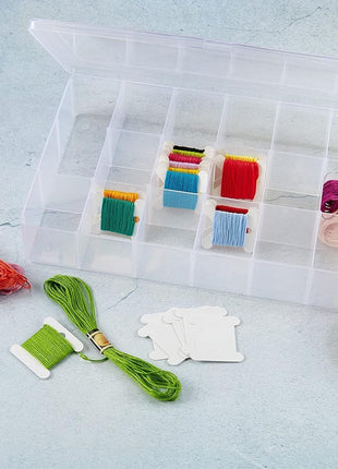 Embroidery Floss Organizer Box with 50 Cardboard Bobbins - 17 Compartments Clear embroidery thread organizer box, Snap-Tight Clear Sewing Organizer - Jewelry Bead Holder (Made in USA)