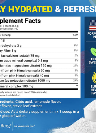 Dr. Berg Zero Sugar Hydration Keto Electrolyte Powder - Enhanced w/ 1000 mg of Potassium & Real Pink Himalayan Salt (NOT Table Salt) - Raspberry & Lemon Flavor Hydration Drink Supplement, 100 Servings