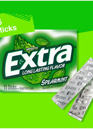 EXTRA Gum Spearmint Sugarfree Chewing Gum Bulk, 15 Count, 10 Pack | Long Lasting Mint Flavor for Fresh Breath, Individually Wrapped Packs for Sharing, Great for School, Work and Travel