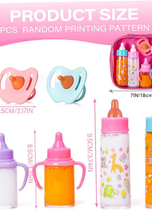 fash n kolor® My Sweet Baby Disappearing Doll Feeding Set, Baby Care 6 Piece Doll Feeding Set - for Toy Stroller | 2 Milk & Juice Bottles with 2 Toy Pacifier for Baby Dolls Set - Kids Gift Set