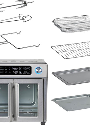 Emeril Lagasse 26QT French Door Multi-Function Air Fryer Toaster Oven | 26QT air fryer oven with French doors, 24 cooking functions, dual-speed fan and rotisserie for easy family meals.
