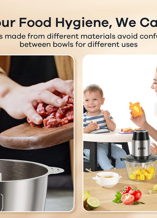 Ganiza Food Processors with 2 Bowls, 450W Meat Grinder Vegetable Chopper | 2-Speed Electric Food Chopper with 8 Cup Glass & 8 Cup Stainless Steel Bowls -Includes 2 Sets of Blades for Fruits/Meat/Nuts
