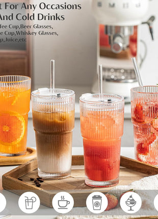 INSETLAN 20 oz Ribbed Glass Tumblers with Lids and Glass Straws – 4-Piece Glassware Set, Thickened Wall, Ideal for Iced Coffee, Smoothies, Cocktails, and Juices – Elegant and Durable Drinkware