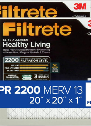 Filtrete 20x20x1 AC Furnace Air Filter, MERV 13, MPR 2200, Elite Allergen, Bacteria & Virus Filter, 3-Month Pleated 1-Inch Electrostatic Air Cleaning Filter, 2-Pack (Actual Size 19.719x19.719x0.78 in)