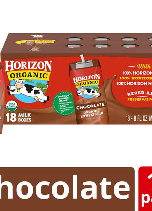 Horizon Organic Shelf Stable 1% Lowfat Chocolate Milk Boxes, 8 fl oz, 18 Count - 8g Protein per Serving, USDA Organic, Ready to Drink for Lunchbox, Travel, or On-the-Go, No Refrigeration Needed