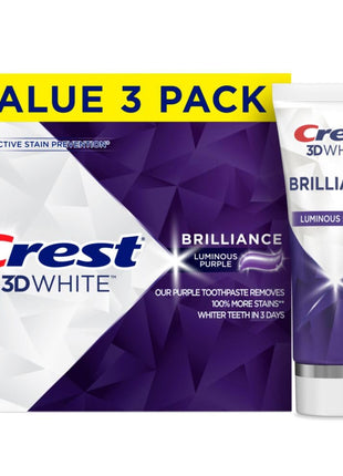 Crest 3D White Brilliance Luminous Purple Teeth Whitening Toothpaste, 4.6 oz Pack of 3, Anticavity Fluoride Toothpaste, Fights 100% More Surface Stains, 24 Hour Active Stain Prevention