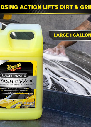 Meguiar's Ultimate Wash and Wax, Car Wash Soap and Wax Cleans & Shines in One Step, Shine & Protect with an Enhanced pH Balanced Car Paint Cleaner, 1 Gallon