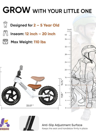 KRIDDO Balance Bike 2 Year Old, Tool-Free Adjustable Toddler Bike | Easy to Assemble, Personalized Plate with 3 Sticker Sets, White, 2 Year Old Boy Birthday Gift