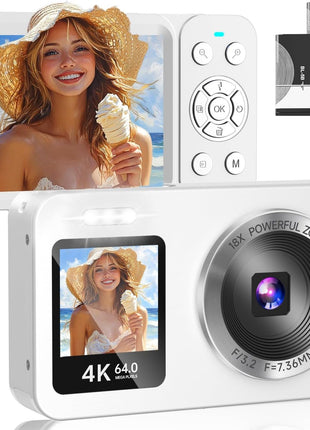 WABL Digital Camera, 4K 64MP UHD Dual Screens Camera, 18X Zoom, Portable Small Point and Shoot Digital Cameras with 64GB TF Card, 2 Rechargeable Batteries for Kids, Teens, Adult, Selfies, Gifts- White