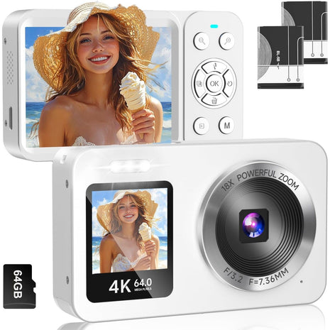 WABL Digital Camera, 4K 64MP UHD Dual Screens Camera, 18X Zoom, Portable Small Point and Shoot Digital Cameras with 64GB TF Card, 2 Rechargeable Batteries for Kids, Teens, Adult, Selfies, Gifts- White