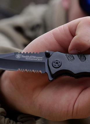 Smith & Wesson Accessories Extreme Ops SWA24S 7.1in S.S. Folding Knife with 3.1in Serrated Clip Point Blade and Aluminum Handle for Outdoor
